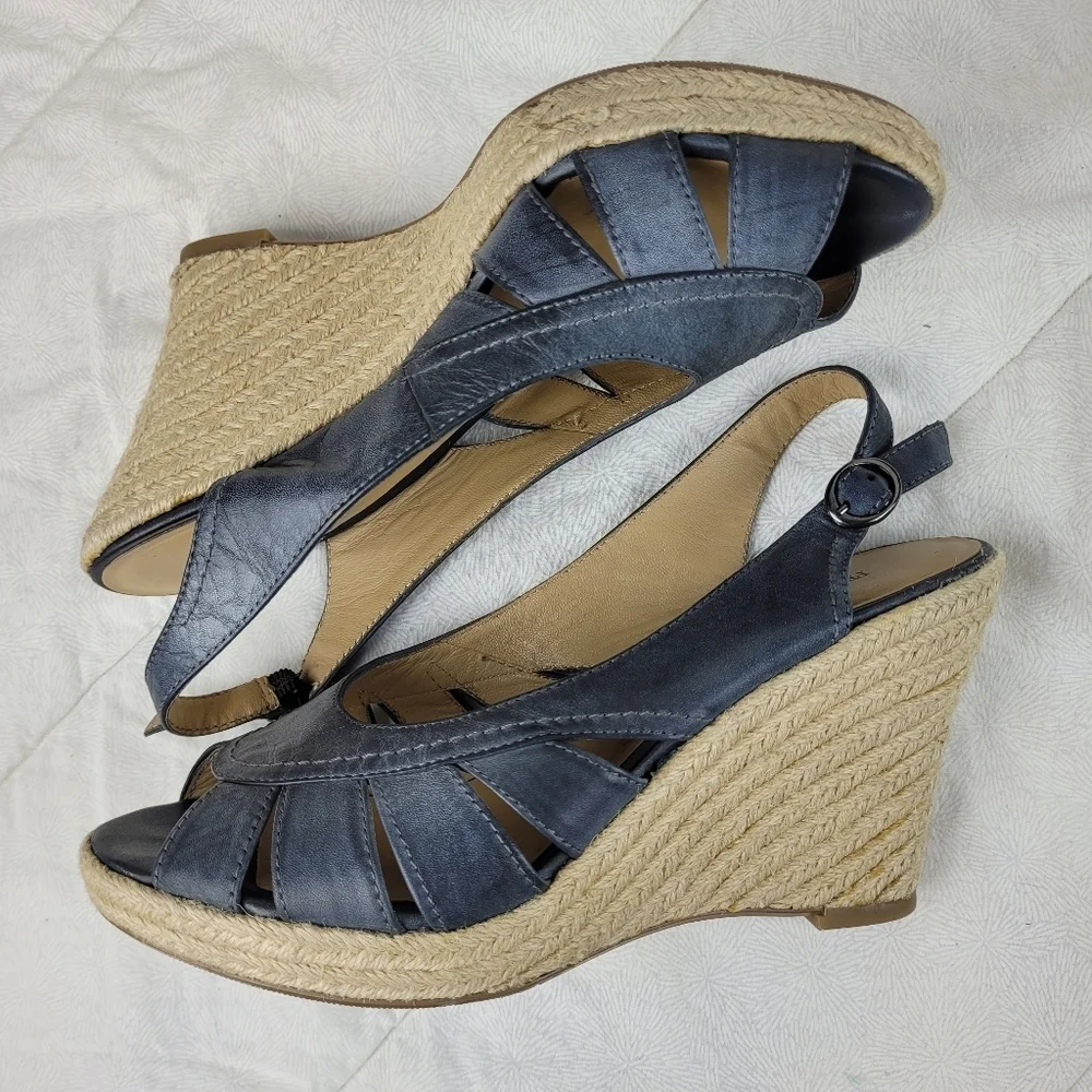 Franco Fortini denim blue leather sandals peep toe woven wedge beach boho chic 9